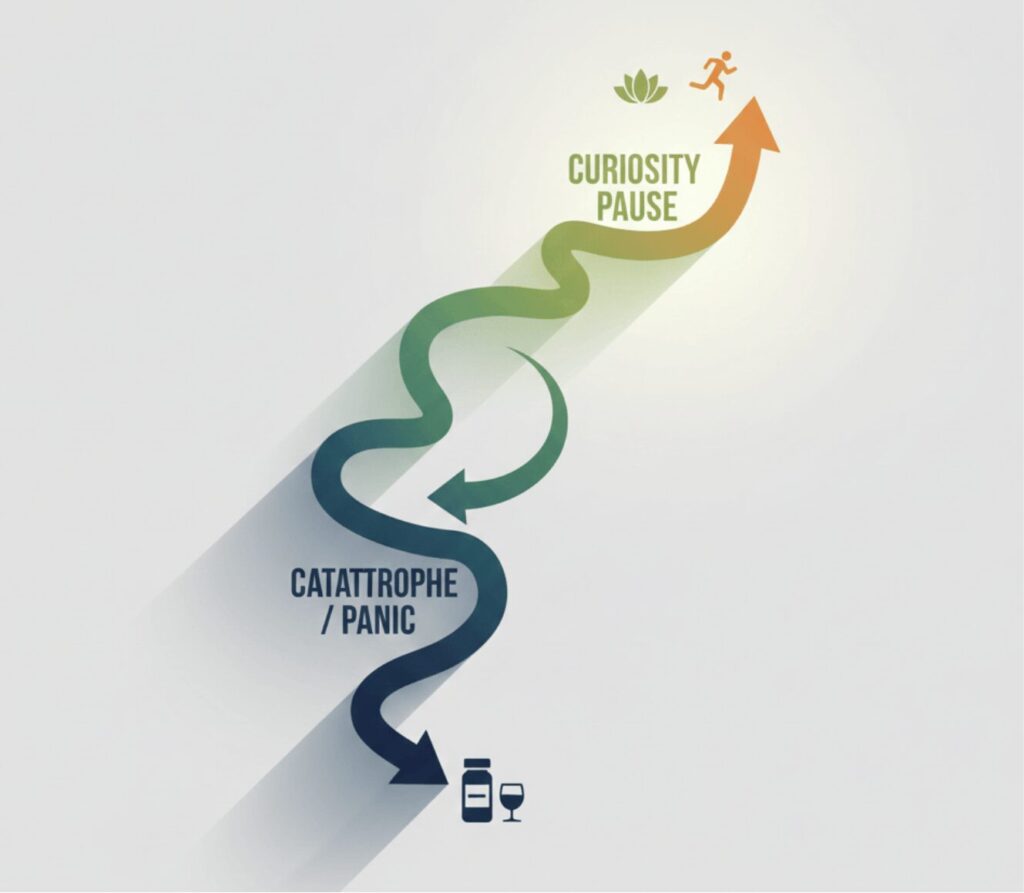 Diagram showing the recovery mindset shift from panic and catastrophe to pause and curiosity.