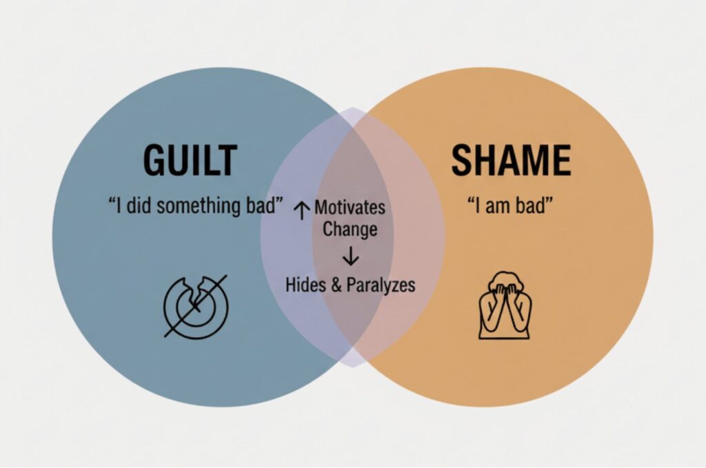 Diagram illustrating the core difference between shame and guilt in the context of mental health.